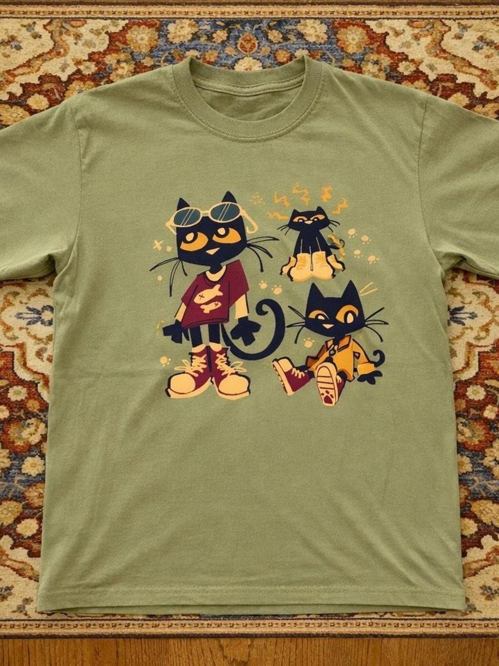Gildan Olive Short-Sleeve Tee with Navy and Yellow Cat Artwork